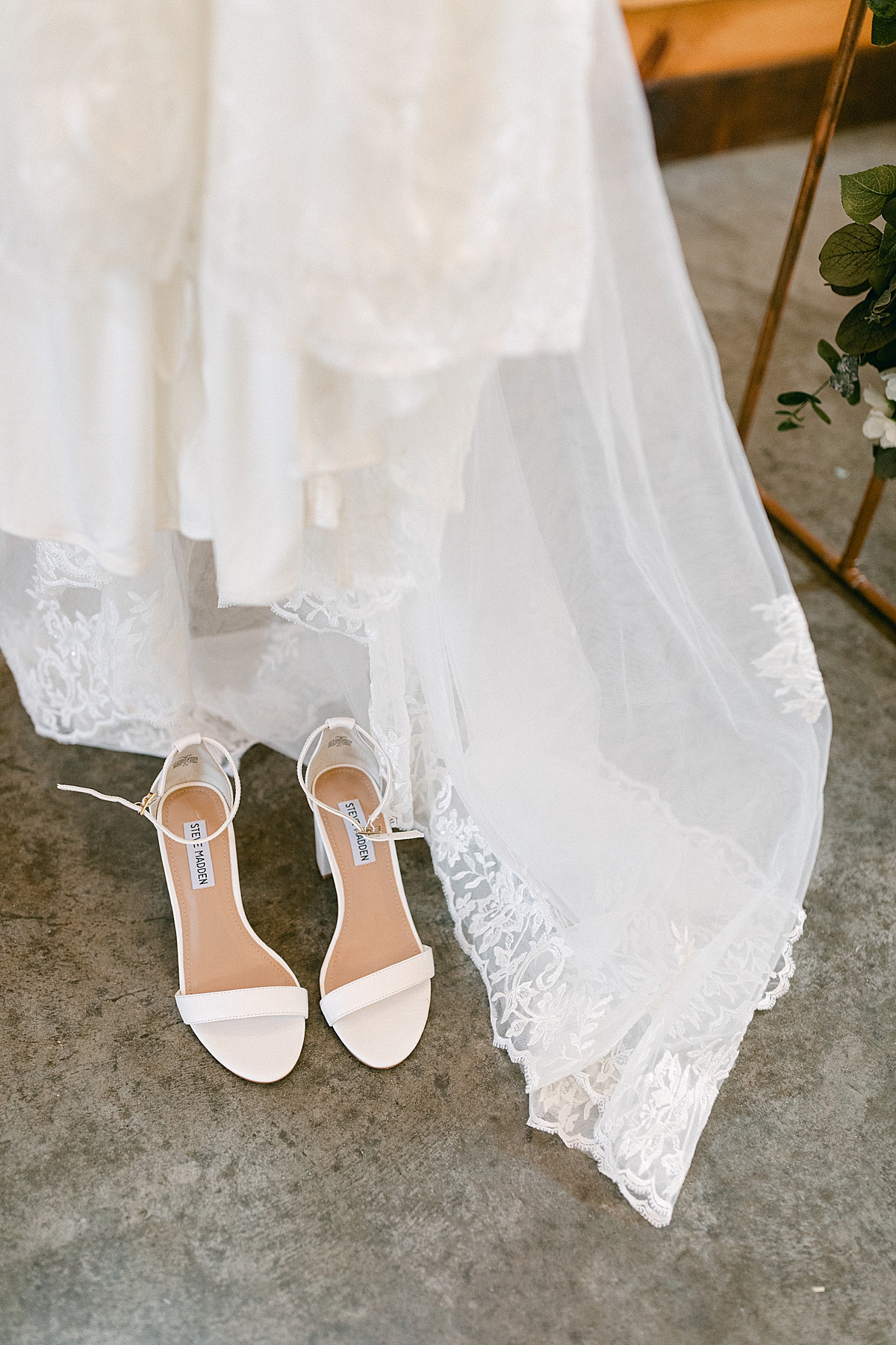 wedding dress and white shoes