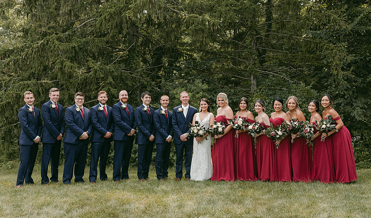 blue and red bridal party portrait