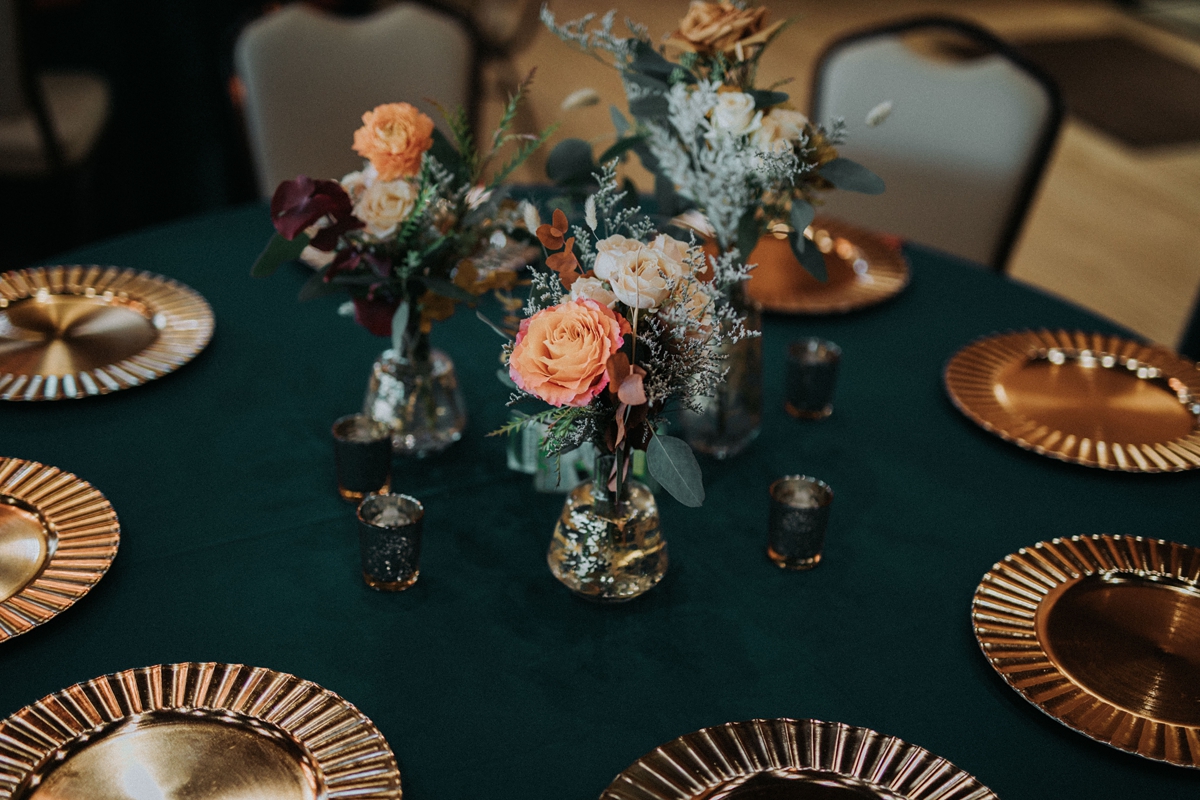 gold, forest green, and coral reception ideas