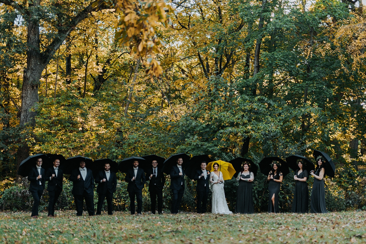 How I meet your mother inspired yellow umbrella wedding party portrait