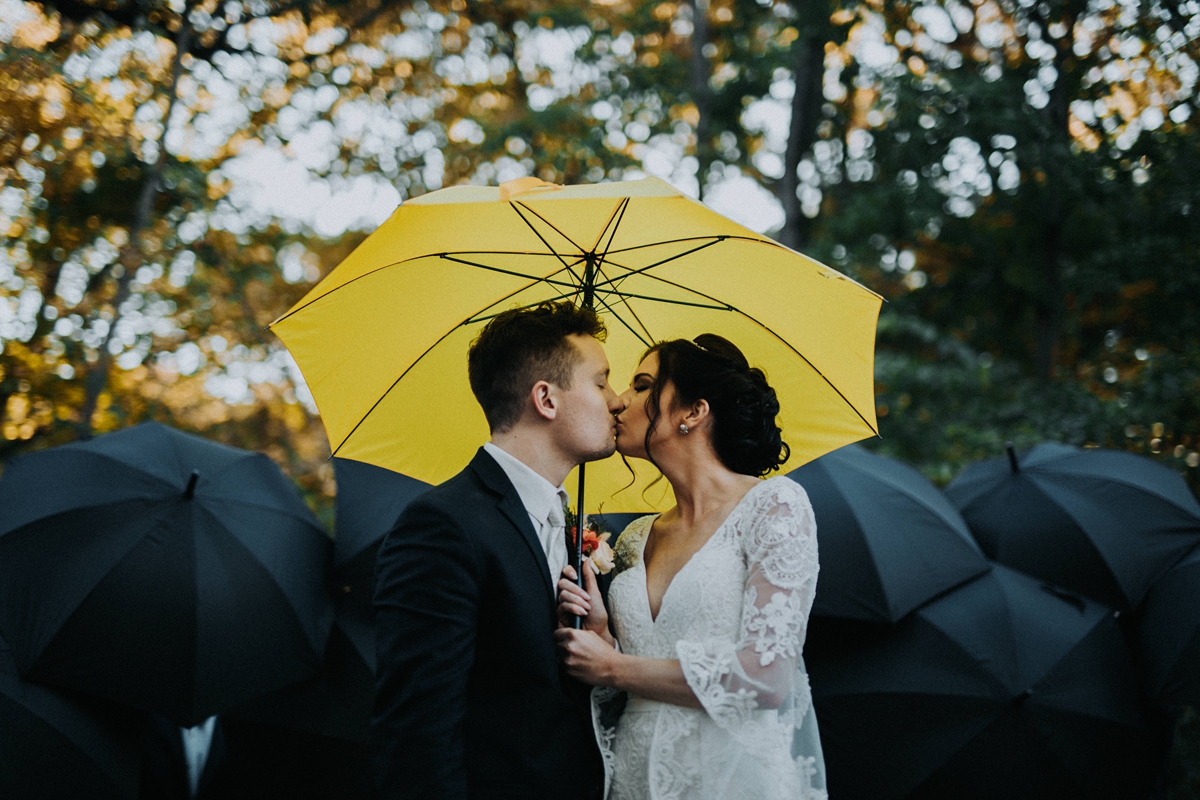 How I meet your mother inspired yellow umbrella bride and groom portrait