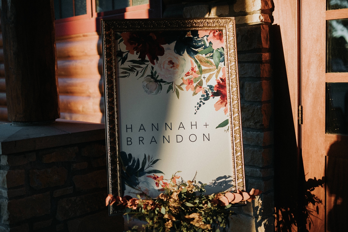 floral wedding sign with gold frame
