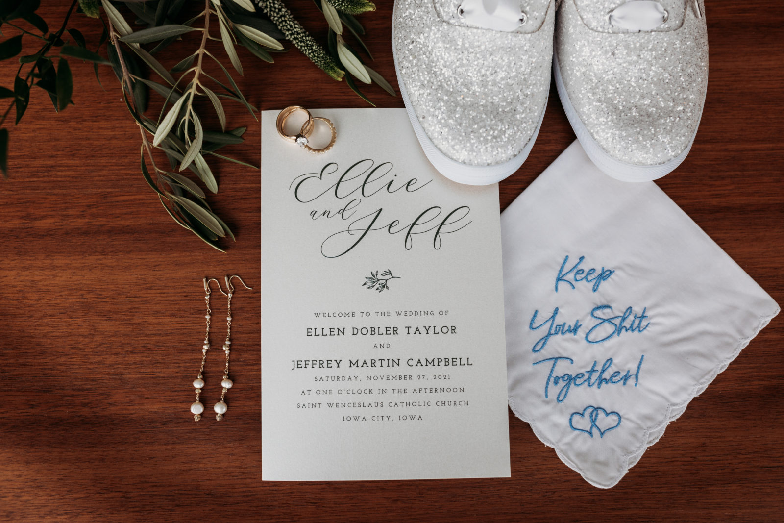 Keep your shit together handkerchief something blue wedding details flat lay
