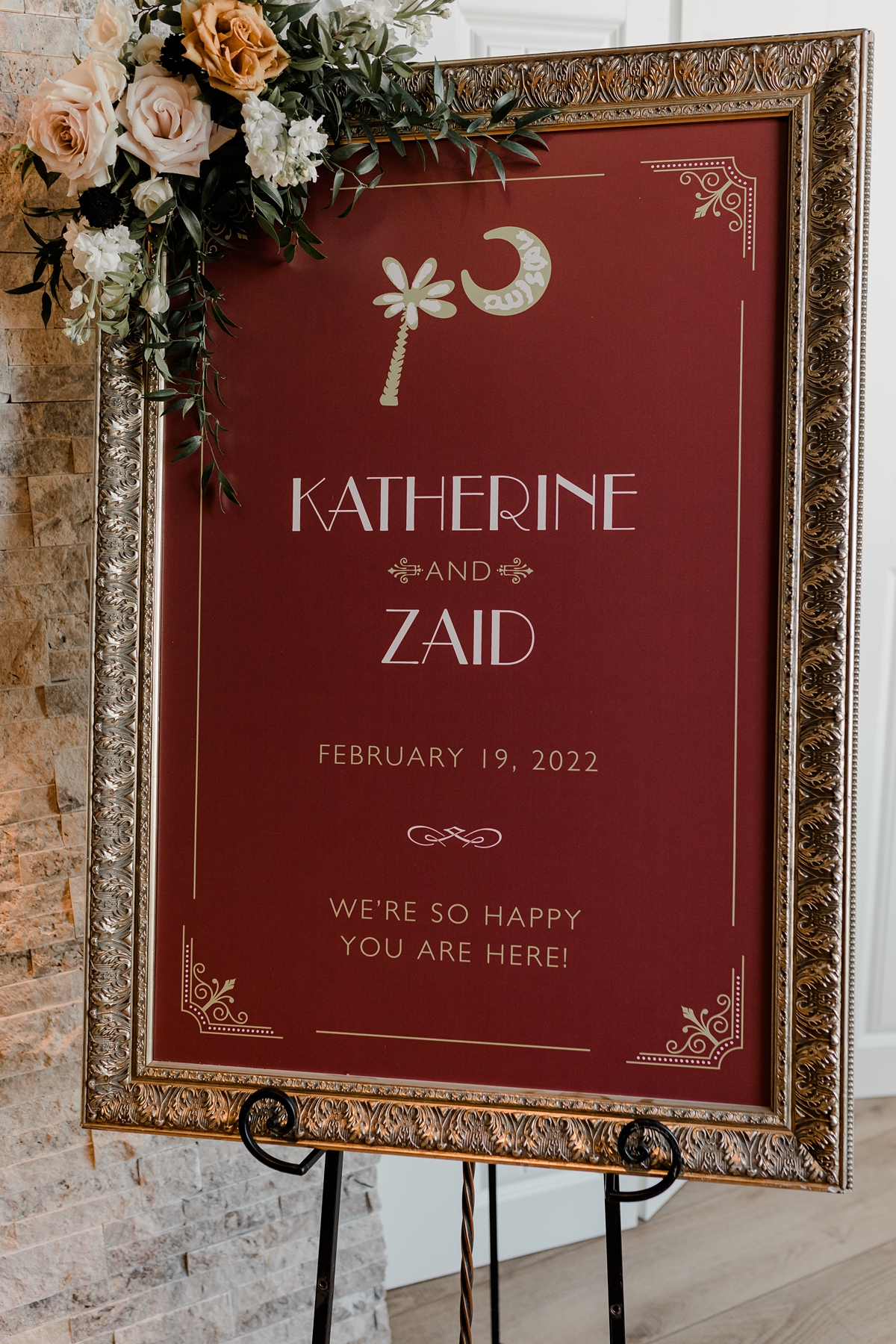 Wedding reception maroon red and gold framed sign