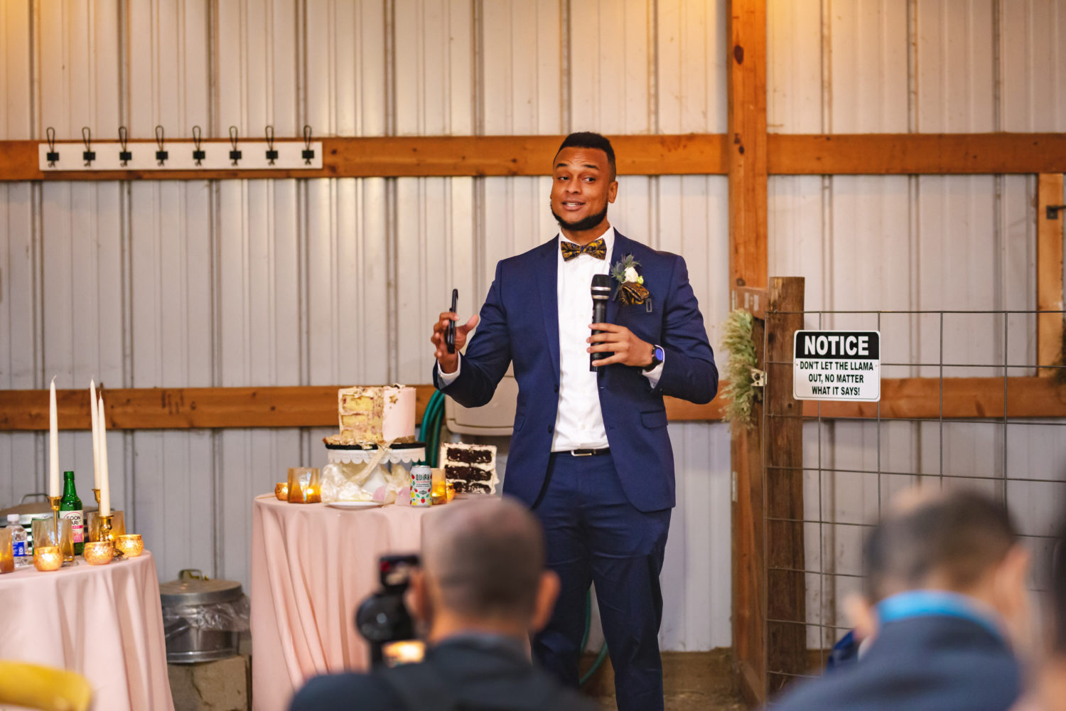 groomsman cheers toast speech at Iowa wedding reception 