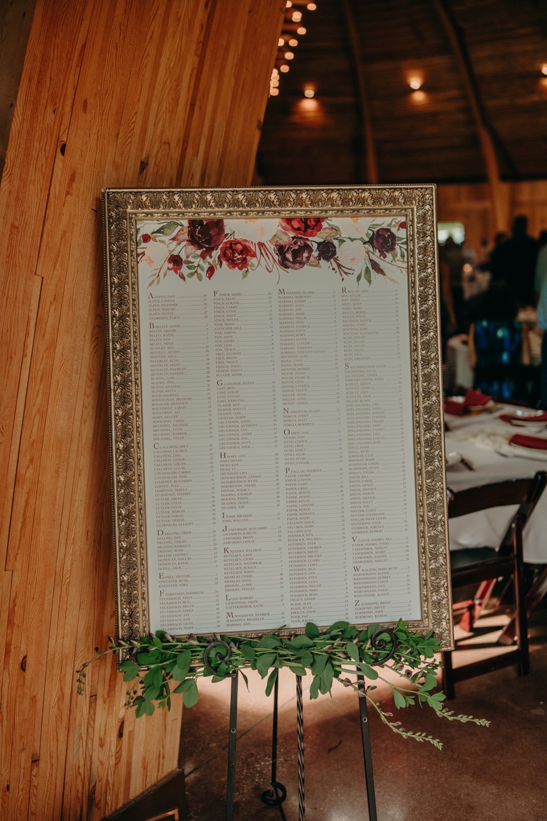 Gold framed and red floral wedding seating chart