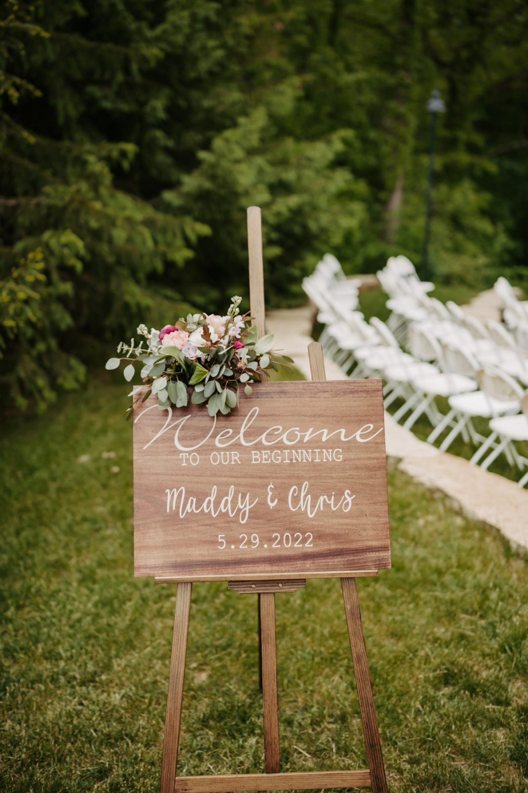 Custom wooden welcome sign at wedding ceremony - Celebration Farm, Iowa City