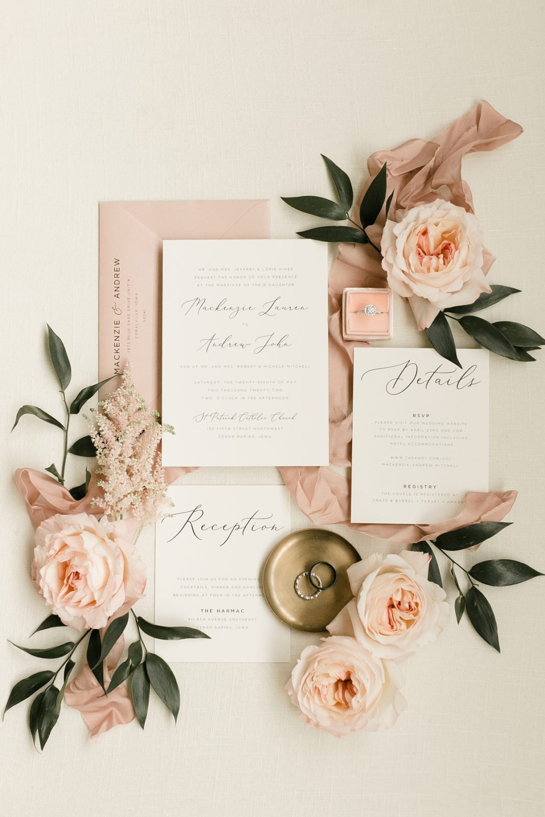 Cedar Rapids Iowa Blush Pink Harmac Wedding stationary rose flatlay