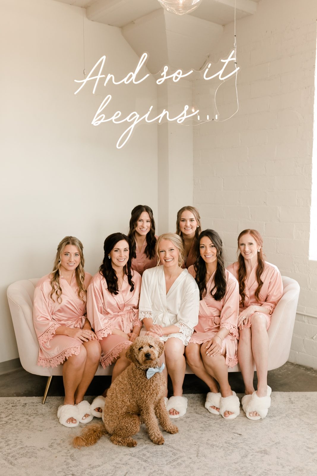 Cedar Rapids Iowa Blush Pink Harmac Wedding bridemaids in matching silk robes