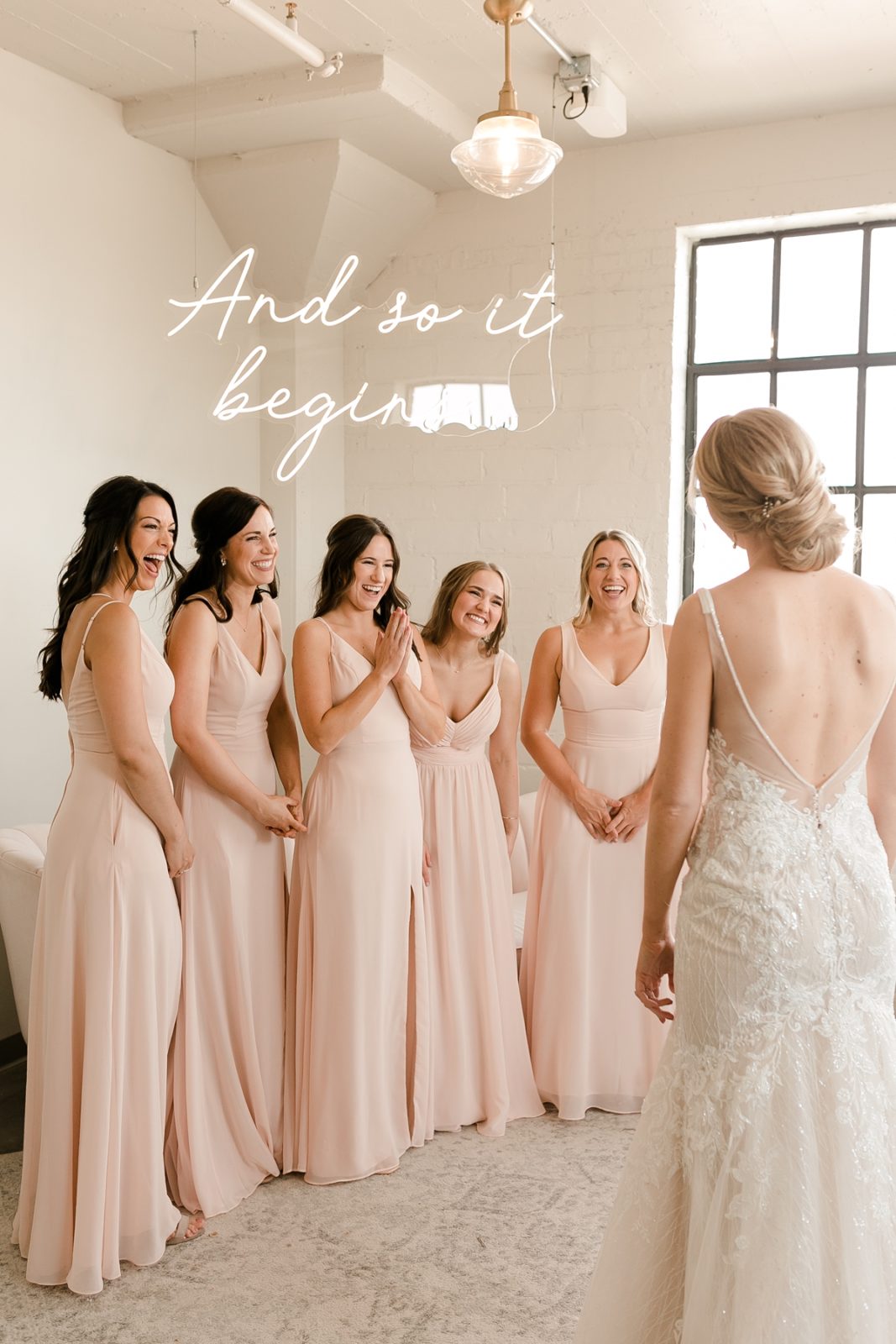 Cedar Rapids Iowa Blush Pink Harmac Wedding bridesmaids see bride for the first time