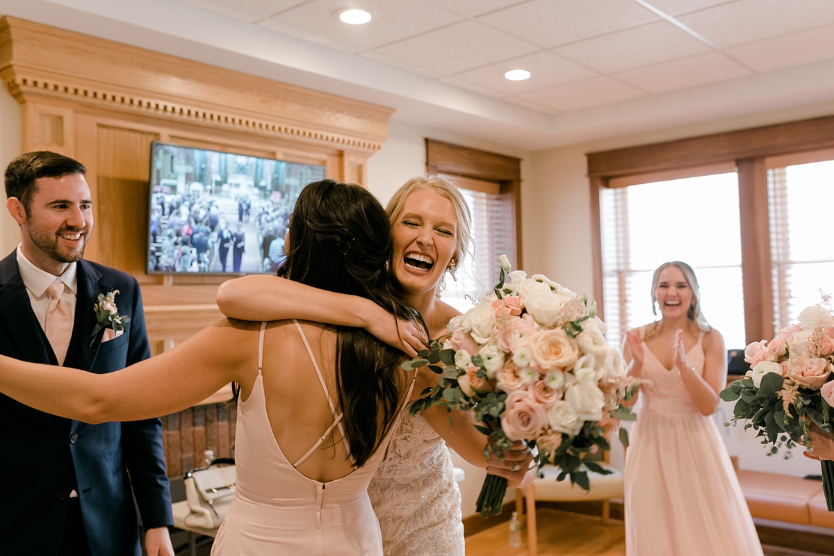 St Patricks Catholic Church In Cedar Rapids Wedding bride celebrating after wedding