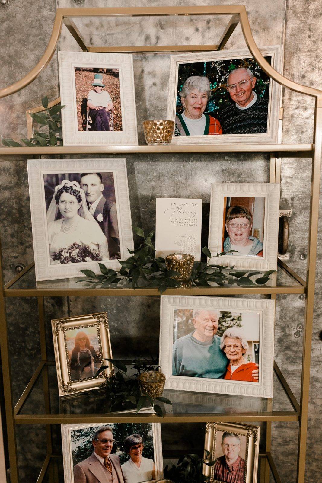 Cedar Rapids Iowa Blush Pink Harmac Wedding family photo shelf at reception