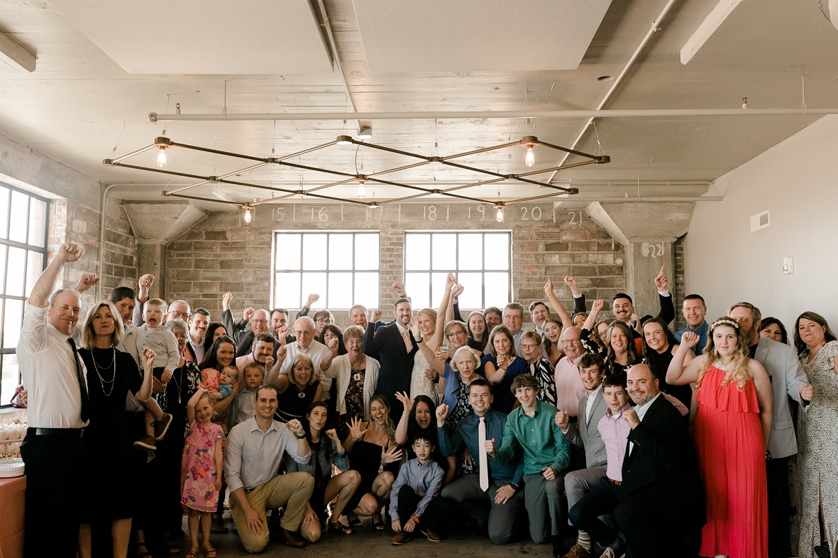 Cedar Rapids Iowa Blush Pink Harmac Wedding group wedding guests shot