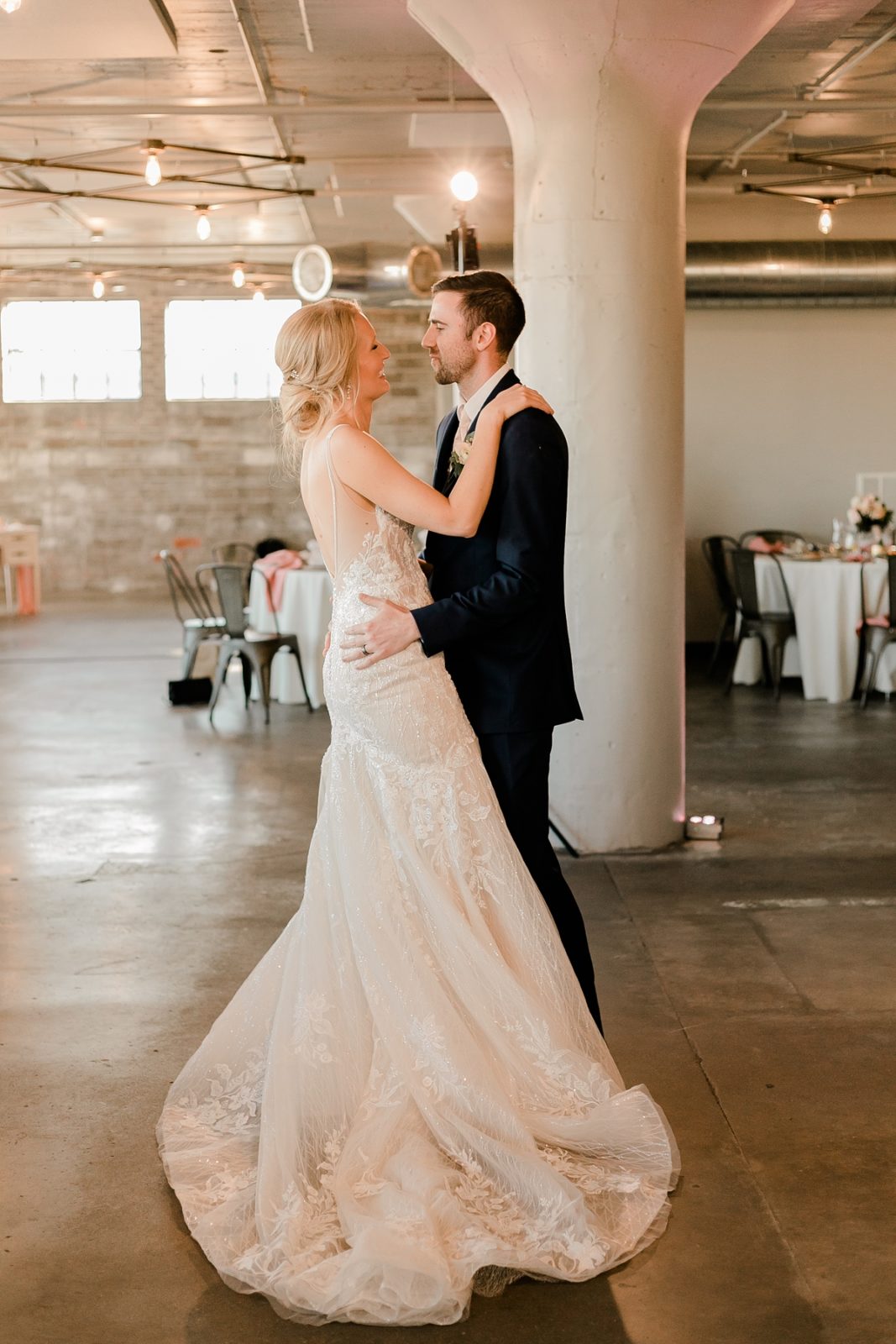 Cedar Rapids Iowa Blush Pink Harmac Wedding bride and groom dance at wedding