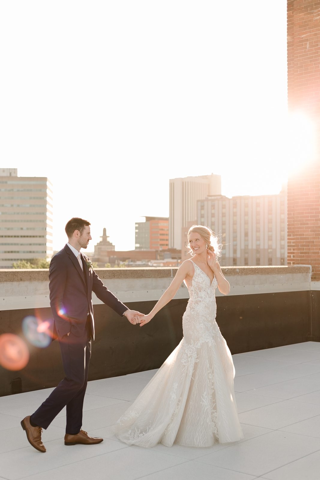 Cedar Rapids Iowa Blush Pink Harmac Wedding sunset rooftop portaits