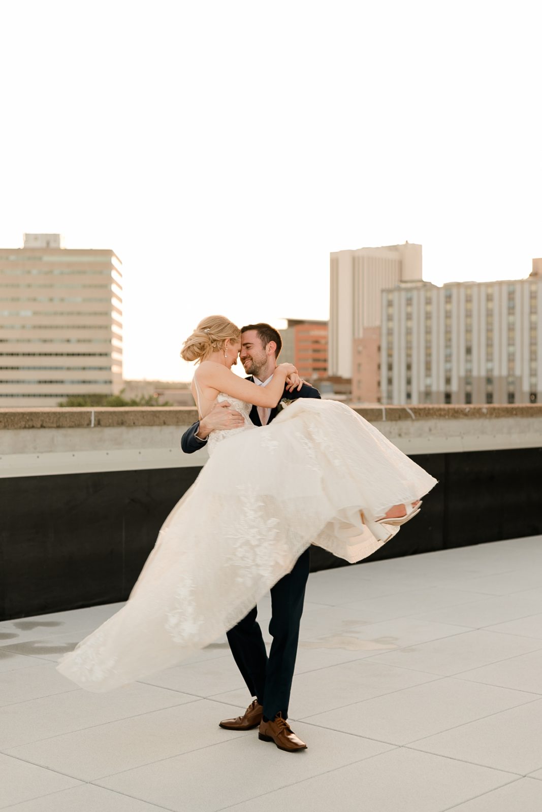 Cedar Rapids Iowa Blush Pink Harmac Wedding sunset rooftop portaits