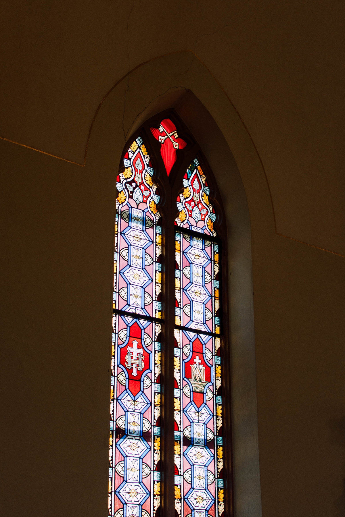 St Peter's Catholic Church in Oxford Iowa stained glass window interior