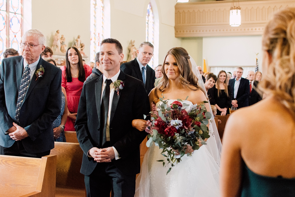 St Peter's Catholic Church in Oxford Iowa wedding - bride and father during ceremony