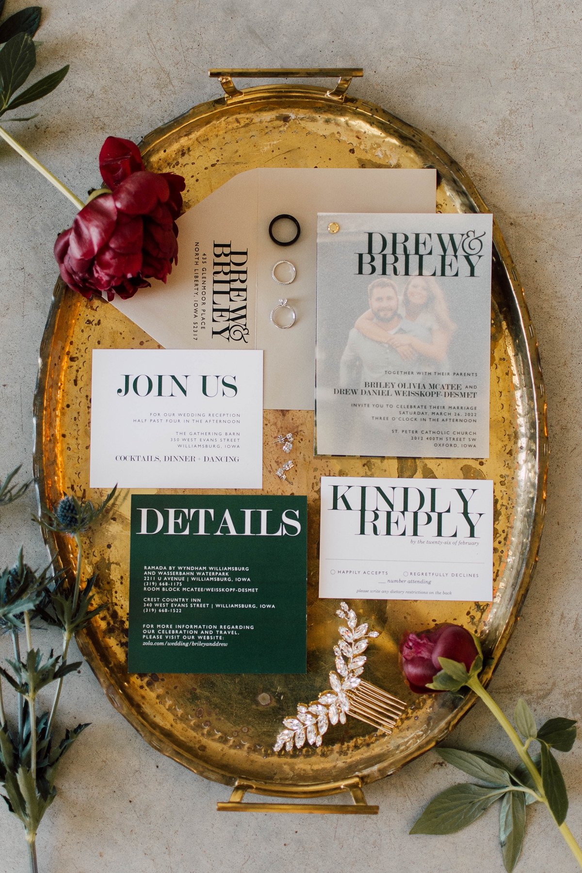 Gathering Barn Williamsburg Iowa Wedding Green wedding stationary invite flatlay on gold tray