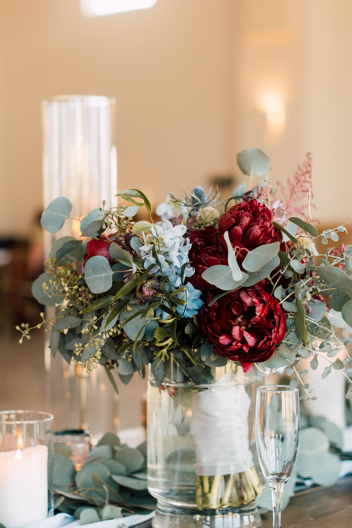 Gathering Barn Williamsburg Iowa Wedding reception table centerpiece