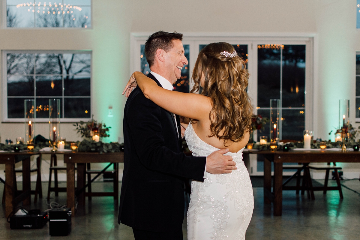 Gathering Barn Williamsburg Iowa Wedding bride dancing with father