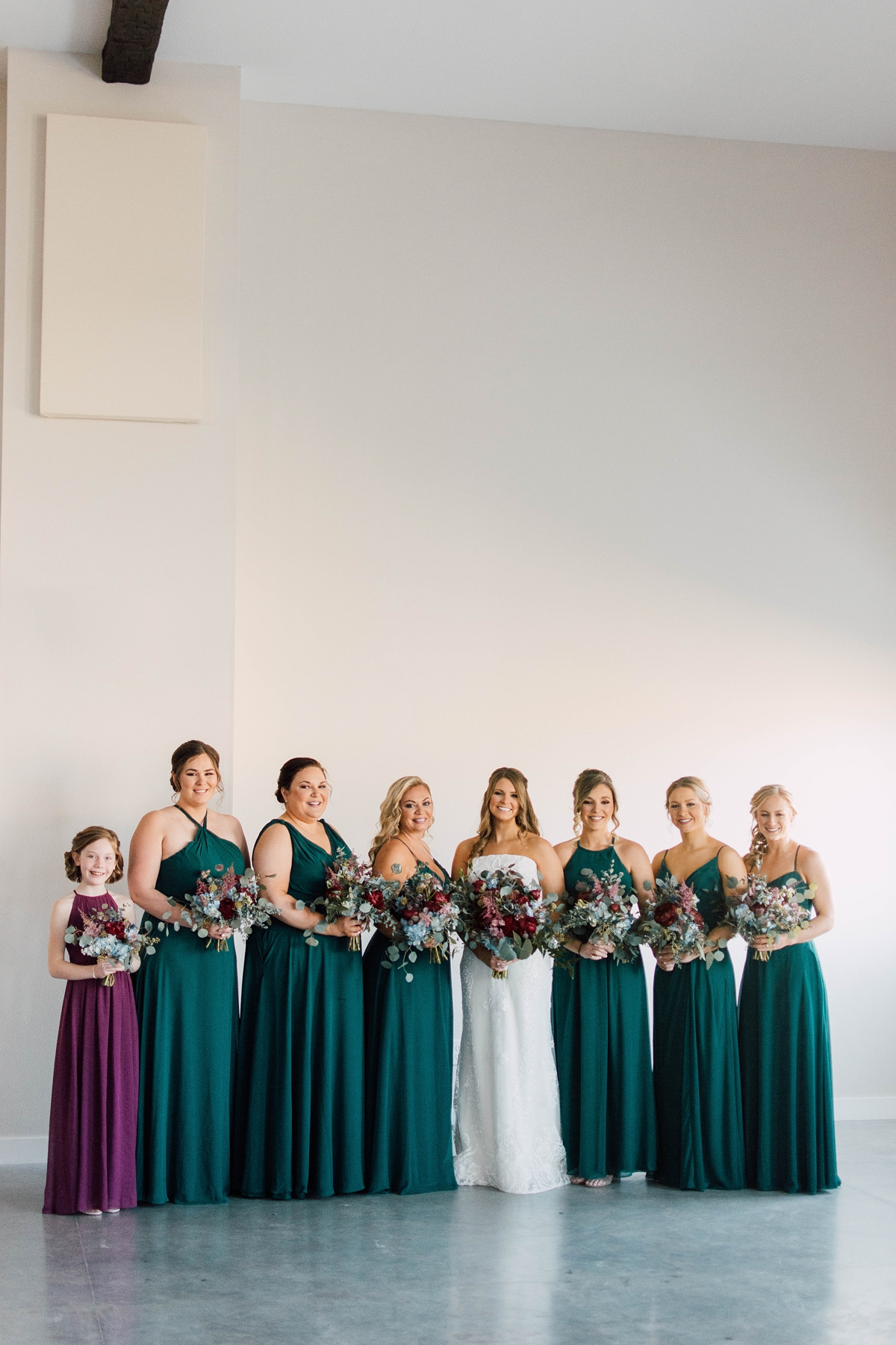 Gathering Barn Williamsburg Iowa Wedding forest green jewel toned bridesmaid dresses