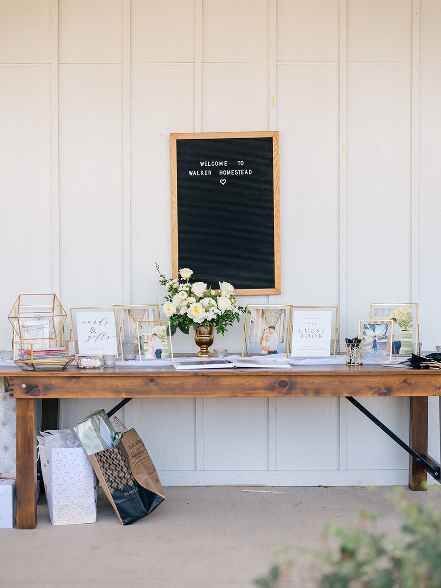 entry table at walker homestead with white flowers