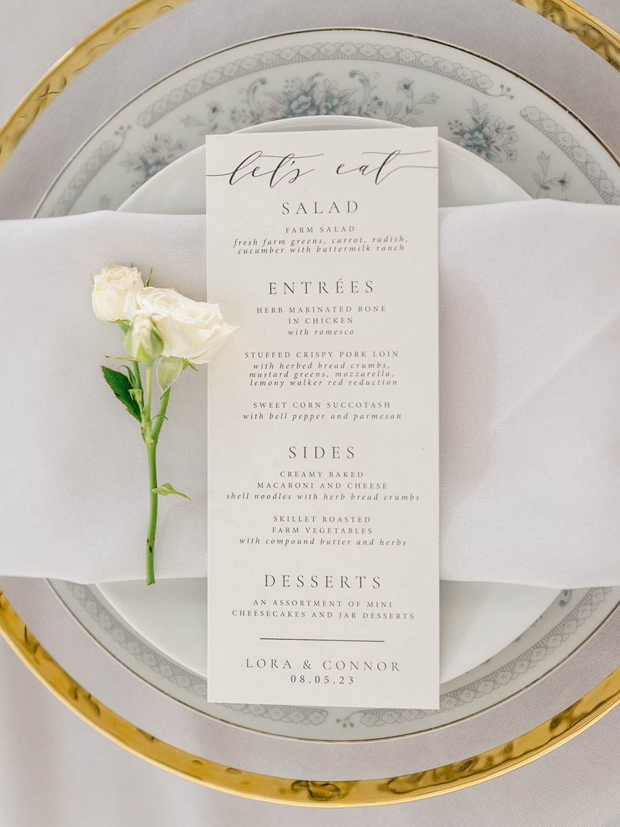 menu card white flower and walker homestead place settings dishes
