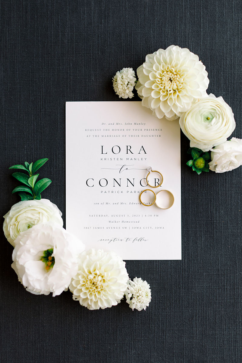 white invitation with wedding rings
