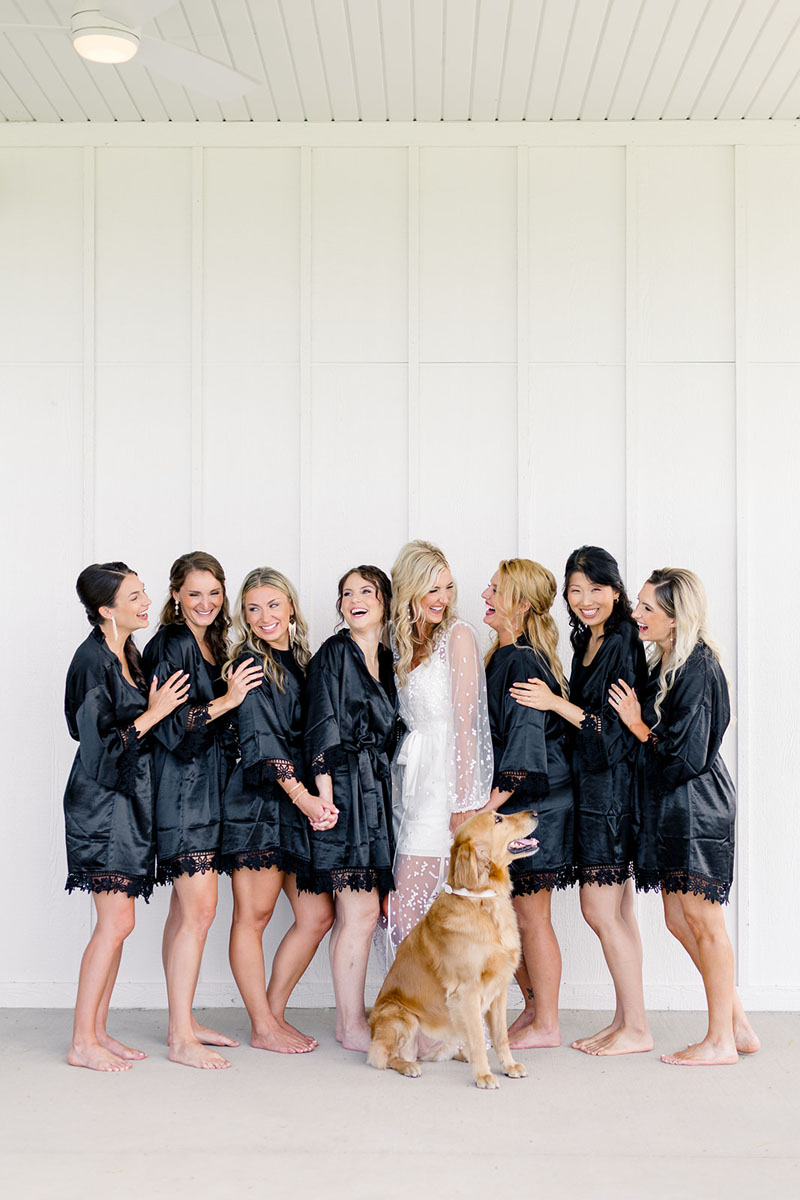 bride and bridesmaids robes with dog