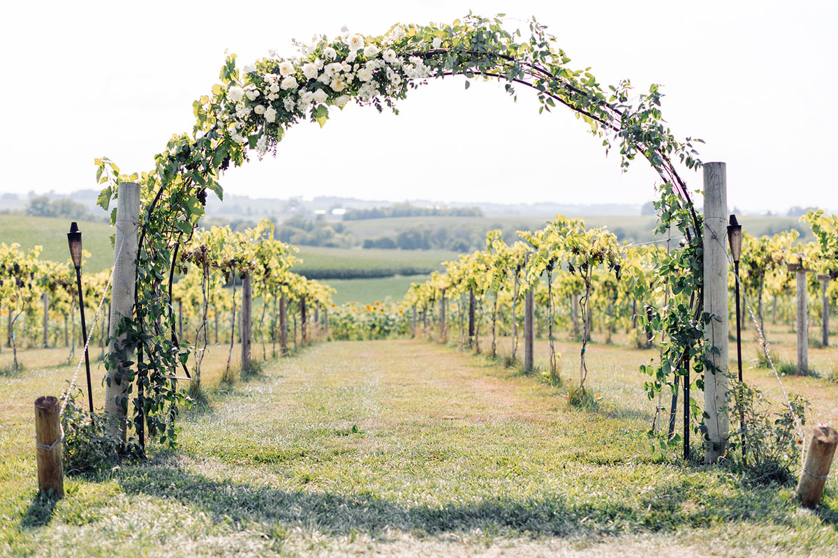 walker homestead arch with white flowers summer