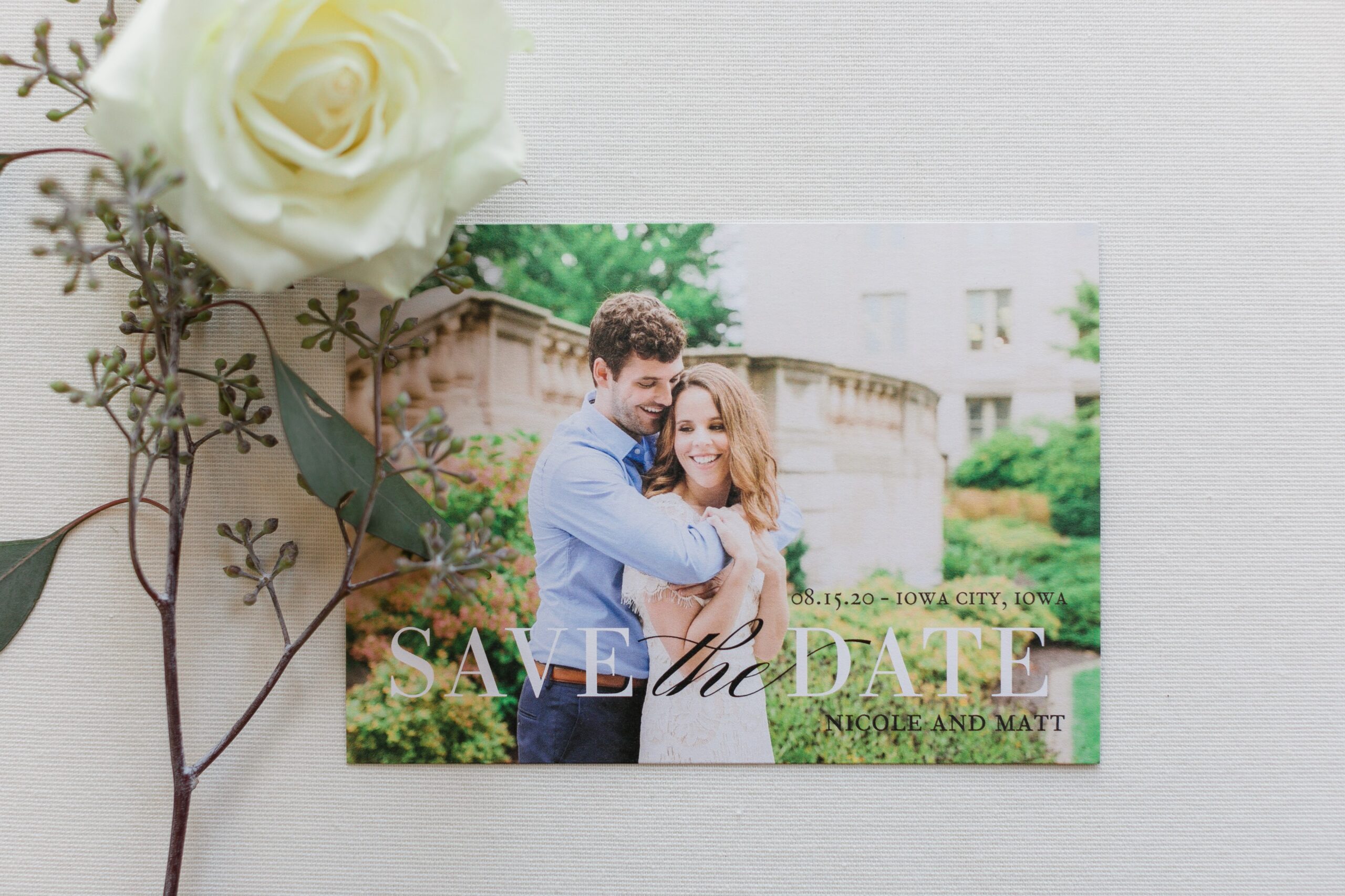 Save the Date card Emily Crall Photography Iowa City Pentacrest Downtown